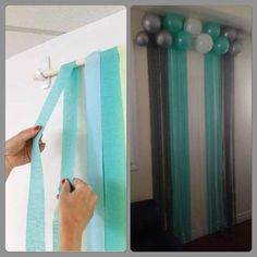 two pictures with balloons hanging on the wall and one has a ribbon tied to it