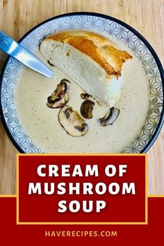 cream of mushroom soup in a bowl with mushrooms