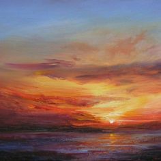 an oil painting of a sunset over the ocean