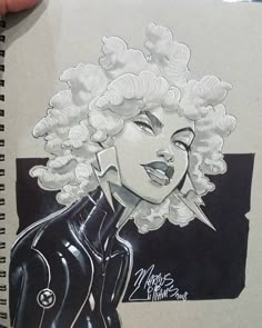 a drawing of a woman with curly hair