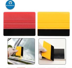 three different types of window sealers on the front and back of a car, one with