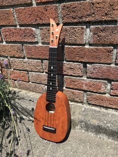 a ukulele sitting on the ground next to a brick wall and some flowers