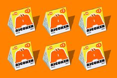 six pieces of orange and white stickers with the word alcoken on them