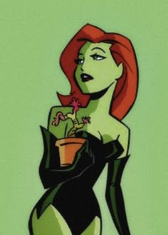 a woman with red hair holding a potted plant