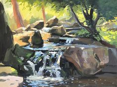 a painting of a stream in the woods