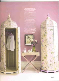 a magazine cover with an open closet and small table in front of purple wallpaper