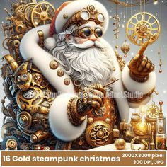 a painting of a santa clause with steampunk christmas decorations on his chest and hands