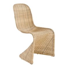 a chair that is made out of wicker and has a curved design on the back