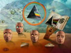 several heads with different types of objects in the middle one has a rainbow ring on it