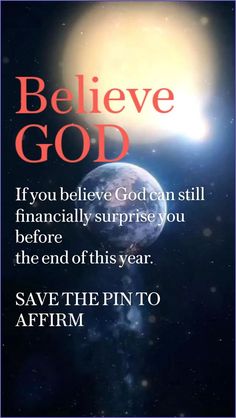 the words believe god are written in red and black on a dark background with an image of