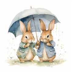 two rabbits holding an umbrella in the rain