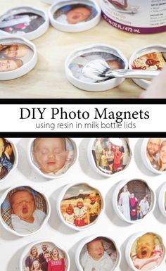 a collage of photos with the words diy photo magnets using resin in milk bottles