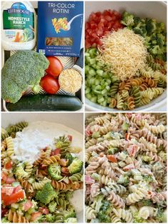 four pictures showing different types of pasta and vegetables