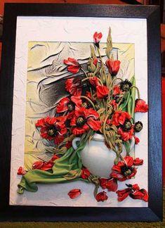 a painting of red flowers in a white vase