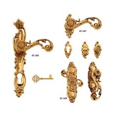 an assortment of ornate gold hardware on a white background