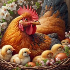 a chicken and her chicks in a basket with flowers on the side, all looking at one another