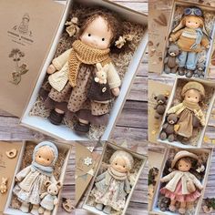 the dolls are in their boxes on the wooden table and there is an open box with them