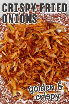 Crispy fried onions in a colander. Crunchy Onions Topping, Indian Fried Onions, Fried Green Onions Recipes, Oven Fried Onions, Airfryer Crispy Onions, How To Make Crispy Onions, Crispy Onions Recipes, How To Make Fried Onions, French Fried Onions Air Fryer