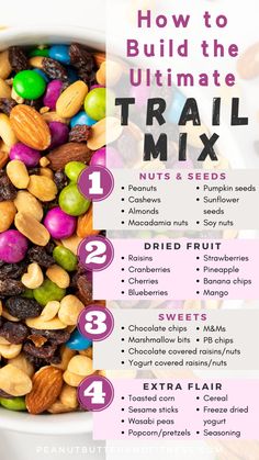 a bowl filled with nuts and chocolates next to the words how to build the ultimate trail mix