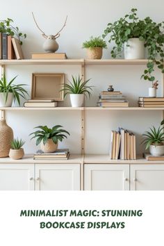 a shelf with books and plants on it that says minimalist magic stunning bookcase displays