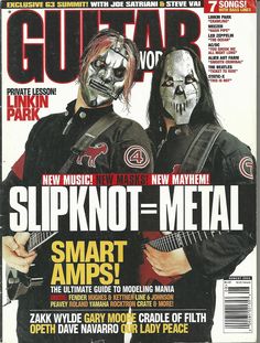 the cover of guitar world magazine features two men with painted faces and metal gear on their face