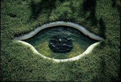 a small pond in the middle of some grass with water coming out of it's center