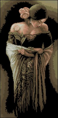 a cross stitch picture of a woman in a dress with her hands on her hips