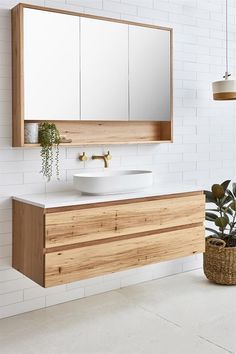 a bathroom with a sink, mirror and potted plant