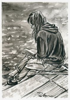 a black and white drawing of a person sitting on a dock