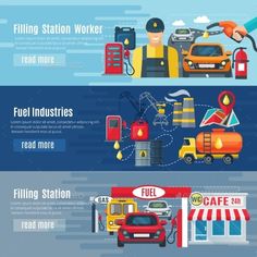 three horizontal banners with different types of service vehicles and fuel stations - miscellaneous business objects