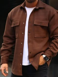 Plus Size Men's Solid Casual Shirt Jacket Brown Casual  Long Sleeve Woven Fabric Plain Other Non-Stretch  Men Plus Size Clothing, size features are:Bust: ,Length: ,Sleeve Length: Mens Fall Outfits, Mens Fashion Coat, Mens Jackets Casual, Fall Outfits Men, Coat Men, Winter Outfits Men, Mens Fashion Classy, Cool Outfits For Men, Workwear Fashion