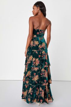 Green Velvet Dress - Floral Burnout Dress - Strapless Maxi Dress - Lulus Monkey Wedding, Velvet Strapless Dress, Green Wedding Guest Dresses, Dresses For Weddings, Green Velvet Dress, Burnout Velvet, Lulu Fashion, Black Tie Affair, Strapless Neckline