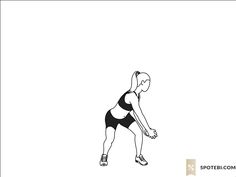 a woman in black and white is doing squats with her hands behind her back