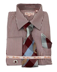 Stand out with the Bruno Conte Pinstripe Shirt Combo in Burgundy. This eye-catching shirt combines classic pinstripes with modern style, perfect for any occasion. Button Down Regular Fit Long Sleeve Tie, Cuff Links, and Handkerchief Included 55% Polyester, 45% Cotton Whether you're attending a business meeting or a special event, this shirt combo brings a touch of elegance and sophistication to your look. Elegant Pinstripe Dress Shirt For Spring, Elegant Fitted Dress Shirt With Striped Collar, Fitted Pinstripe Dress Shirt With Striped Collar, Elegant Striped Dress Shirt For Spring, Classic Fitted Dress Shirt With Vertical Stripes, Classic Fitted Striped Dress Shirt, Classic Striped Fitted Dress Shirt, Striped Fitted Dress Shirt For Business, Fitted Striped Dress Shirt For Business