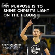 a basketball player with his hand up in the air while pointing to the sky and saying,'my purpose is to shine christ's light on the floor stephen curry golden state warriors