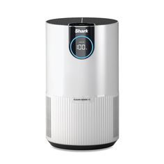 the smart air purificater is white and has a blue light on it