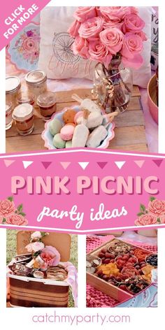 pink picnic party ideas with lots of food