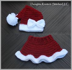 two crocheted hats with white and red trims, one has a bow on it