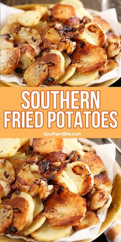 two plates filled with fried potatoes on top of each other and the words southern fried potatoes above them