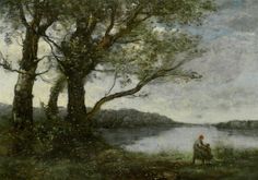 an oil painting of two people sitting on a bench by a lake with trees in the foreground