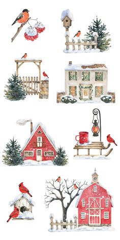 watercolor illustrations of houses and trees in winter time with snow on the ground, bird feeder