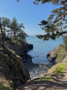 the path to the beach is next to some trees and water with rocks on both sides