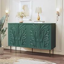 a green cabinet in a living room next to a lamp and potted plant on a rug