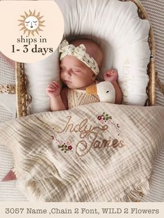 a baby sleeping in a basket with the words, ships in 1 - 3 days