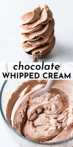 chocolate whipped cream in a glass bowl with a spoon