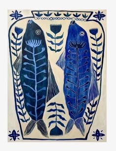 two blue fish on a white background with leaves and flowers in the bottom right corner