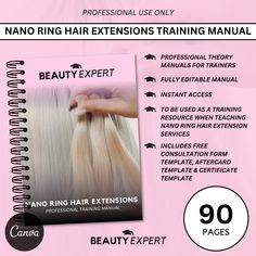 Introducing the ultimate training manual for hair stylist and extension professionals: the Nano Ring Hair Extensions Editable Training Manual. With over 80 pages of in-depth theory content, this manual is your comprehensive guide to teaching the art of hair extensions. But that's not all! As a special bonus, we've included free templates for a Consultation Form, Certificate, and Aftercare Card, so you can provide a professional experience from start to finish. IMPORTANT PLEASE READ: This manual Nano Ring Hair Extensions, Training Academy, Free Templates, Free Consultation, Professions, For Hair, Hair Extensions, Hair Stylist, Music Book