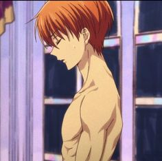 an anime character with red hair and no shirt on standing in front of a window