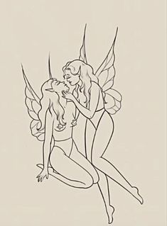 a drawing of two people sitting next to each other with wings on their back and one holding