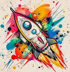 a drawing of a rocket ship with paint splatters on it's side